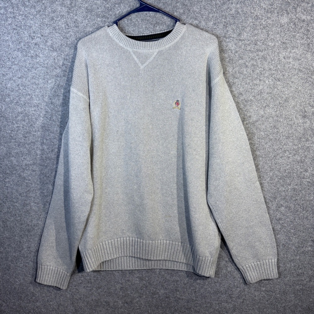 Tommy Hilfiger‎ Mens Grey Cotton Crew Neck Sweater XL Embroidered Logo